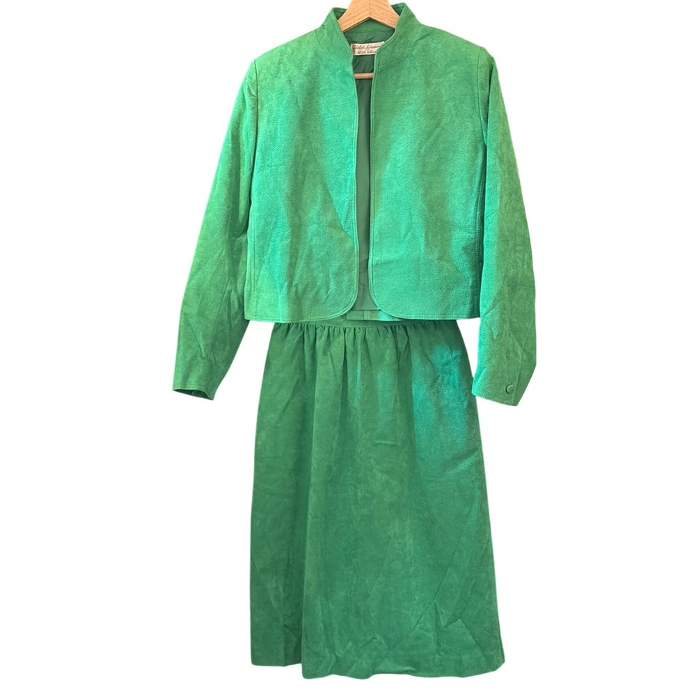 Vintage Lilli Ann Skirt Suit Ultrasuede Kelly Green Mod Professional Chic